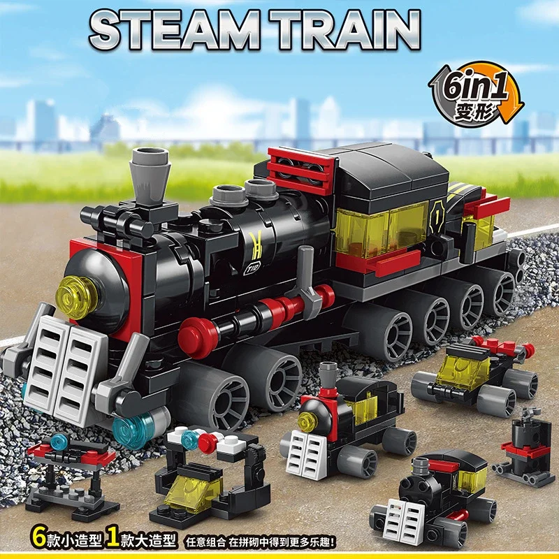 DIY 6 in 1 Train Track Robot Vehicle Truck Building Blocks Kit Girls Bricks Movie Model Kids STEM Educational Birthday Boys Toys